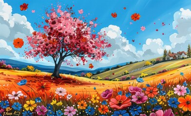 A colorful painting of a landscape with a blooming cherry blossom tree, blue sky, and quaint houses