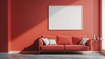 red colour wall with sofa, frame on the wall