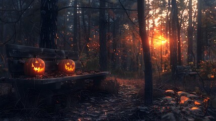 Halloween pumpkins in the forest at night.Halloween background with Evil Pumpkin. Spooky scary dark Night forrest. Holiday halloween banner background