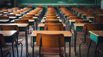Fototapeta premium The classroom is empty. back to school concept Inside describes the wooden chairs and deck. Learning lessons at the secondary level