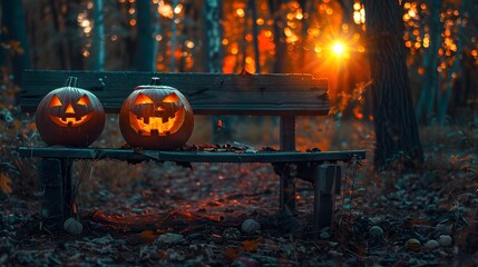 Halloween pumpkins in the forest at night.Halloween background with Evil Pumpkin. Spooky scary dark Night forrest. Holiday halloween banner background