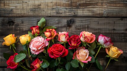 A stunning bouquet of roses in various shades of red, pink, and yellow, arranged against a rustic wooden background.