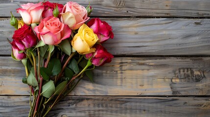 A stunning bouquet of roses in various shades of red, pink, and yellow, arranged against a rustic wooden background.