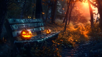 Halloween pumpkins in the forest at night.Halloween background with Evil Pumpkin. Spooky scary dark Night forrest. Holiday halloween banner background