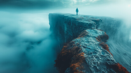 A man stands on a cliff overlooking a body of water - Powered by Adobe