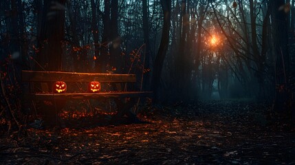 Halloween pumpkins in the forest at night.Halloween background with Evil Pumpkin. Spooky scary dark Night forrest. Holiday halloween banner background