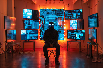 Mysterious person in a mask sitting surrounded by multiple glowing screens.