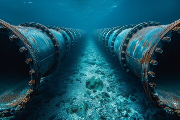 Two large industrial pipelines running through the clear blue ocean, showing signs of corrosion and marine life