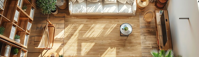 detailed watercolor painting illustrating an aerial view DIY home decor setting showcasing a stylish study room with custom-built shelves and a hammock for relaxation