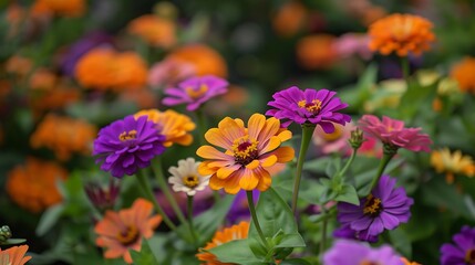 A tranquil garden scene with colorful zinnia flowers in shades of orange, purple, and yellow, blooming in profusion.