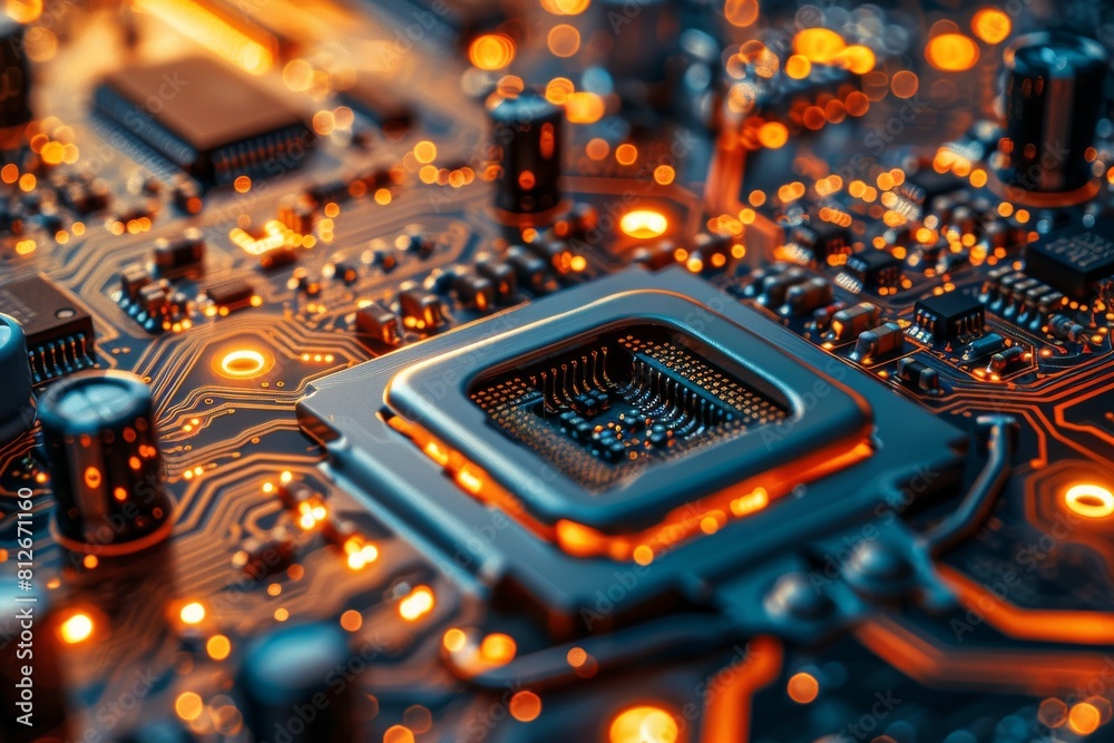 Poster high-definition rendering of a high-tech microprocessor on a detailed circuit board