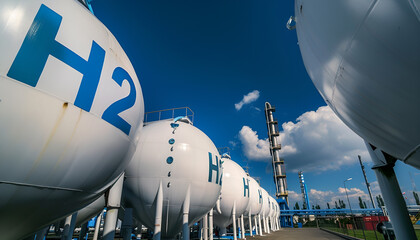 Large storage tanks with H2 and HYDROGEN labels on a blue sky background