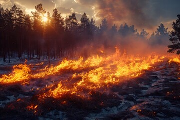 The powerful force of nature as a devastating wildfire spreads rapidly through a dense forest at dusk