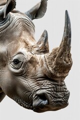 Fototapeta premium Close up shot of a rhino against a white background. Ideal for educational materials or wildlife conservation projects