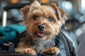 An adorable Yorkshire terrier smiles while poking its head out from a travel bag, showcasing pet-friendly travel accessories