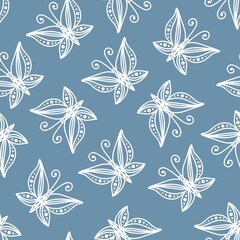 Seamless pattern of white stylized butterflies on light blue background, digital illustration for wallpapers, wrapping paper, fabric, textile, any packaging and decor