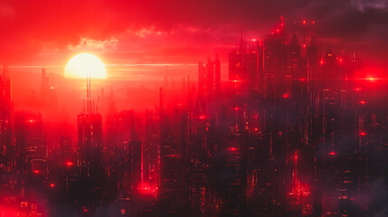 Obraz premium A cityscape with a red sun in the background