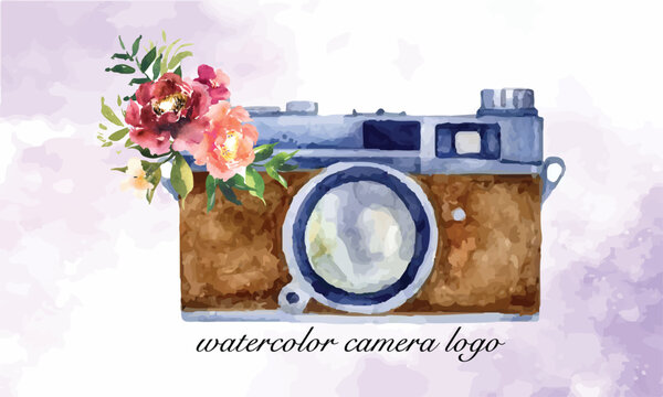 Hand drawing watercolor camera with flower. Perfect for photography logo. Watercolor illustration.