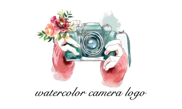 Hand drawing watercolor camera with flower. Perfect for photography logo. Watercolor illustration.