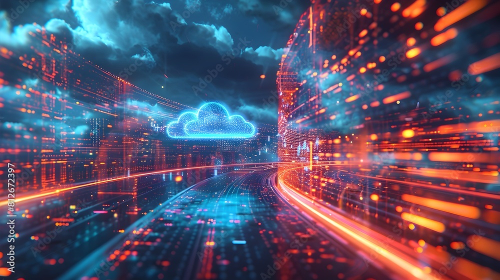 Poster futuristic virtual data aggregation and cloud computing concept with illuminated cityscape and high 