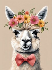 Baby Alpaca Wall Art Print With Floral Crown And Bowties Bedroom Decor, Generative AI Illustration 
