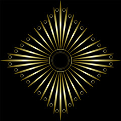Abstract luxury geometric design element. Golden multirayed star on black background. Mosaic tile background for decor textile, home, etc.
