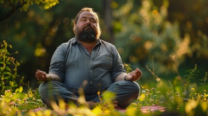 Portrait of a content chubby man meditating in a serene garden