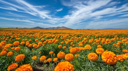 A vibrant field of orange marigold flowers in full bloom, creating a stunning display of color against a blue sky.