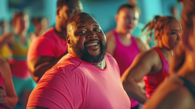 Participating in a group fitness class, a confident chubby man takes charge