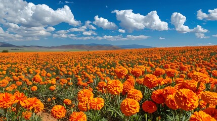 A vibrant field of orange marigold flowers in full bloom, creating a stunning display of color against a blue sky.