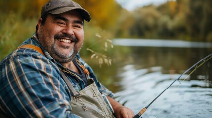 chubby man embracing the joy of fishing on a tranquil lakeside