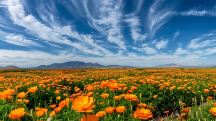 A vibrant field of orange marigold flowers in full bloom, creating a stunning display of color against a blue sky.