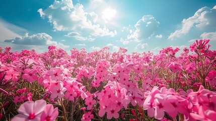 A vibrant field of pink phlox flowers in full bloom, creating a stunning display of color against a blue sky.