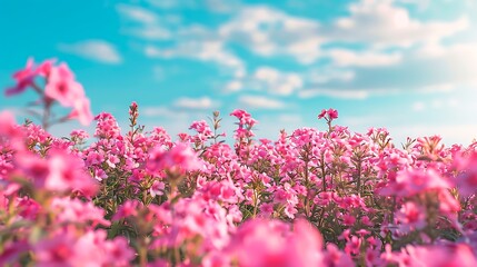 A vibrant field of pink phlox flowers in full bloom, creating a stunning display of color against a blue sky.