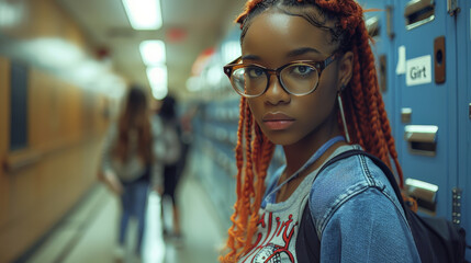 A young girl with long red hair and glasses is standing in a school hallway. She is looking at the camera with a serious expression.