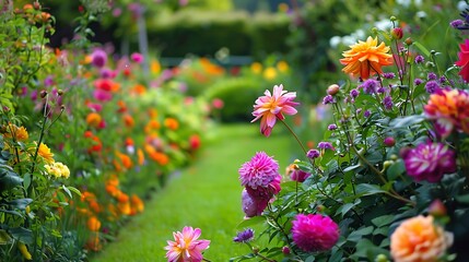 A vibrant floral border of roses, dahlias, and peonies framing a lush green garden.