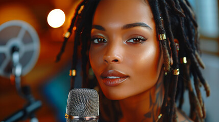 Confident beautiful black female singer with dreadlocks singing into a microphone on stage with colorful lights in the background