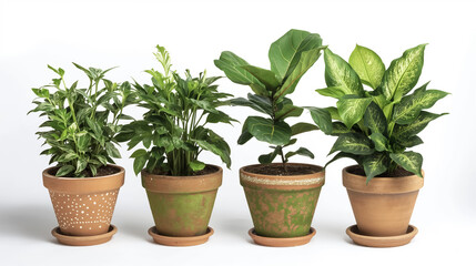 Obraz premium Four different houseplants in terracotta pots, each showcasing unique leaf shapes and pot designs, on a white background.