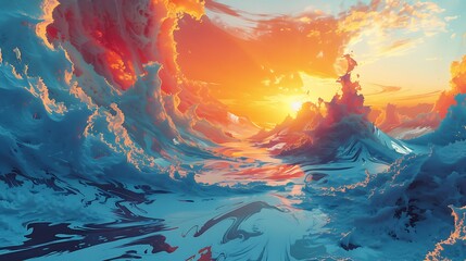 A beautiful, colorful, and surreal landscape with a bright orange sun in the sky