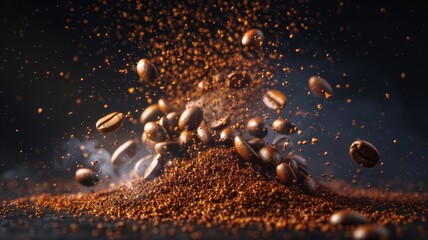Explosion of ground coffee with roasted beans on a dark background, splitting coffee bean