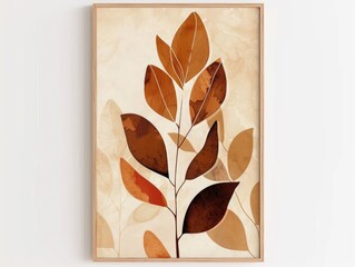 Earthy Boho Plant: Abstract Art Print on Beige Paper with Wooden Frame