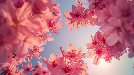 A close-up of delicate pink cherry blossoms in bloom, creating a stunning canopy overhead.