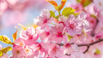 A close-up of delicate pink cherry blossoms in bloom, creating a stunning canopy overhead.