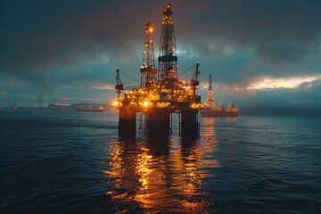 This captivating image showcases an offshore oil drilling rig illuminated against the dusky skies, reflecting on the calm sea
