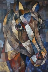 A mosaic-style abstract painting of a horse head with multifaceted shapes and earth tones