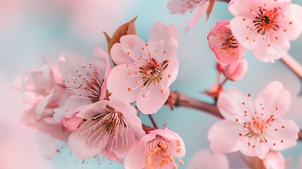 A close-up of delicate pink cherry blossoms against a soft blue sky, symbolizing the arrival of spring.