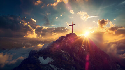 Mountain Summit Cross: Inspiring Christian Image with Sunlight Breaking Through Clouds