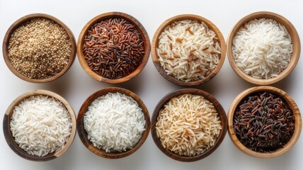 Various types and colors of rice; paddy rice, rice, brown coarse rice and white thai jasmine rice...