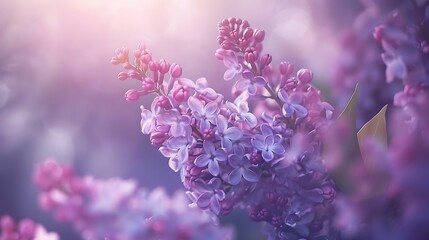A close-up of delicate purple lilac flowers in bloom, emitting a sweet and fragrant aroma.