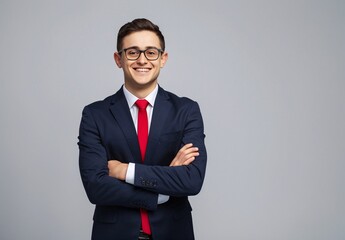 Confident Young Businessman in Suit with Red Tie Smiling
